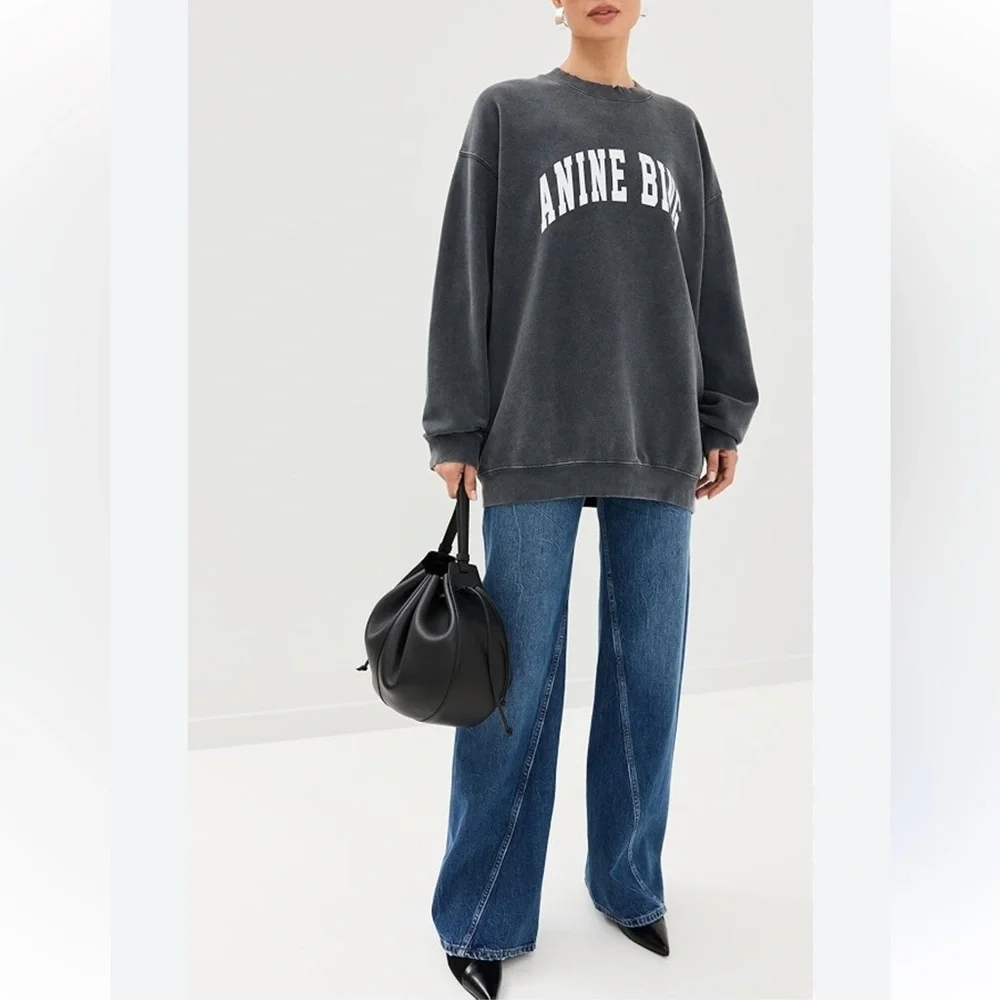 Anine Bing Tyler Cotton Logo Washed Black Crew Neck Sweatshirt-Scandi Girl Style - Picture 3 of 16